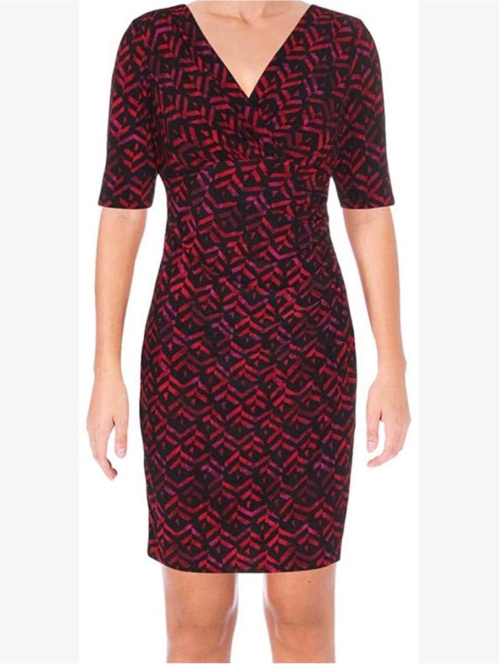 Lauren Ralph Lauren Red and Black V-Neck Midi Sheath Dress